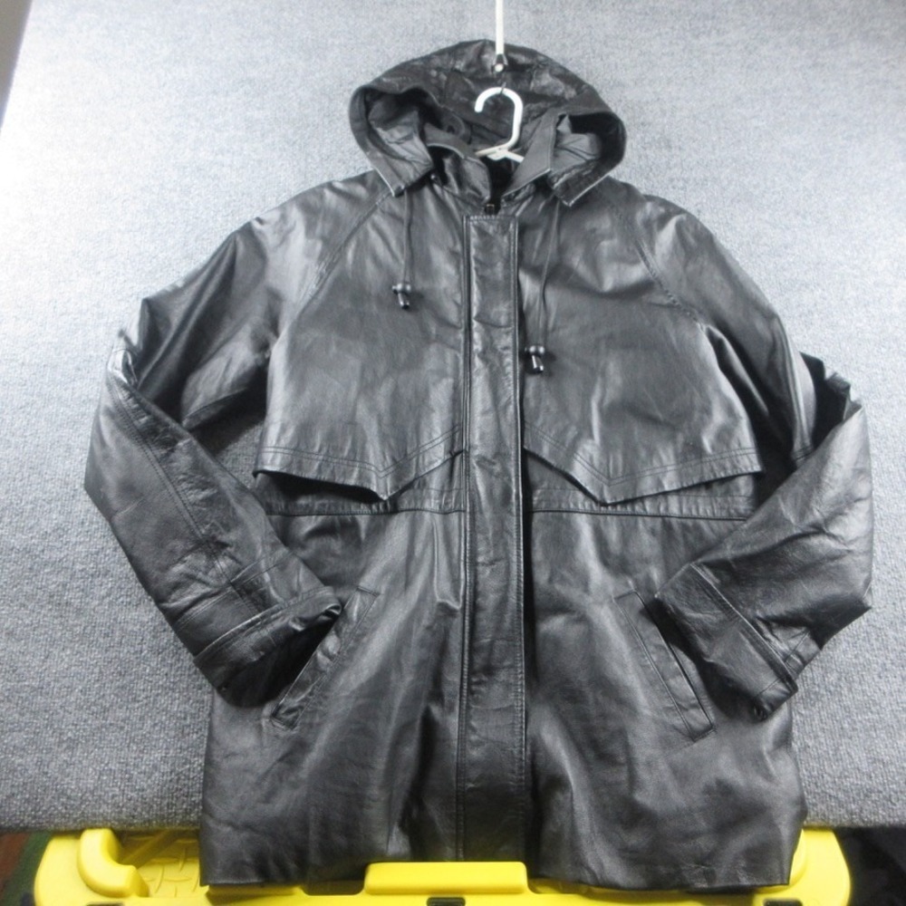 VINTAGE PHASE Two Leather Jacket Mens M Black Full‎ Zip Hooded Biker Moto 90s